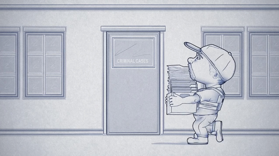 Illustration and animation sequence of policeman with stacked criminal case box by Alexander Gilfillan and Roberto Millan.